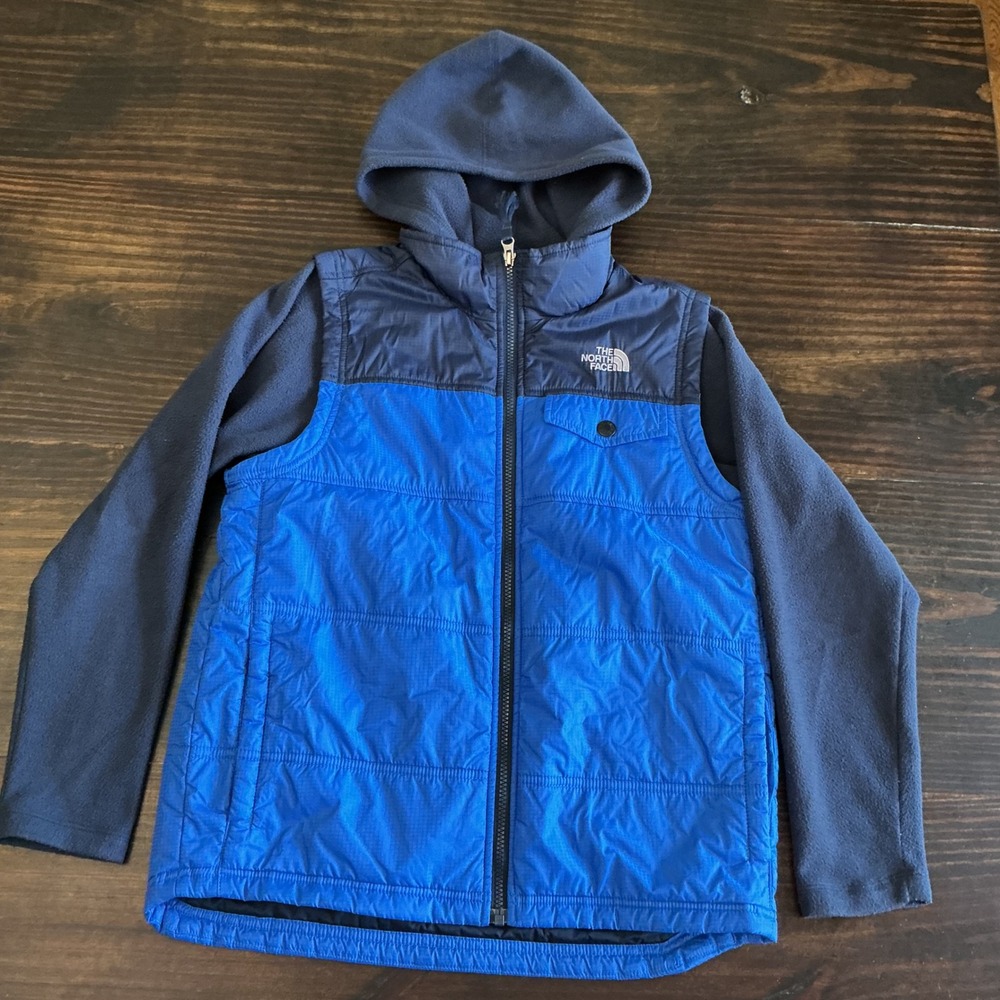 The North Face Boys Blue Fleece Hooded Jacket‎ Quilted Vest Overlay Size L 14/16